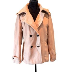 La Nouvelle Renaissance Double-Breasted Pea Coat in Camel,Medium,Wool Blend Hood